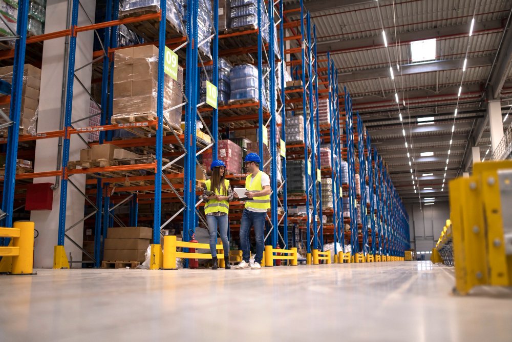 Warehouse staff discussing packages and distribution